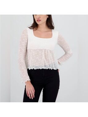 Square-Neck White Sheer Lace babydoll Blouse